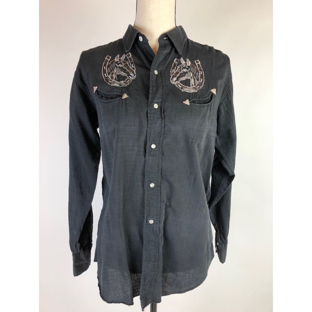 Vintage Black Pearl Button Western Horse Button Up Shirt size medium 15.5 1b21